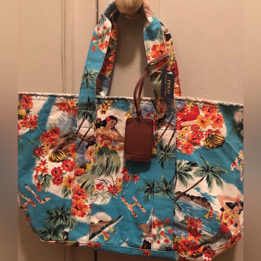 NWT Fabulous Polo Ralph Lauren Hawaiian 🌺 print canvas tote with leather tag